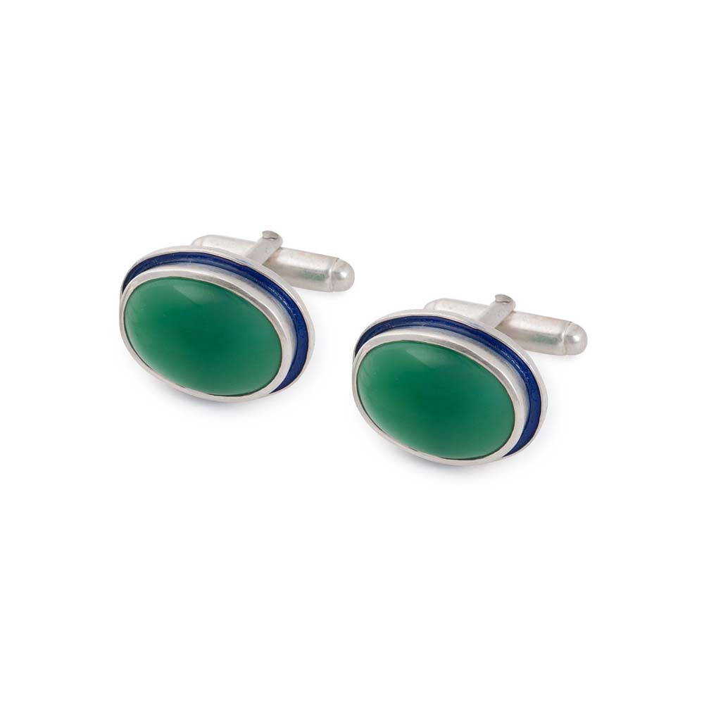 Green Onyx Silver Cufflinks with Enamel