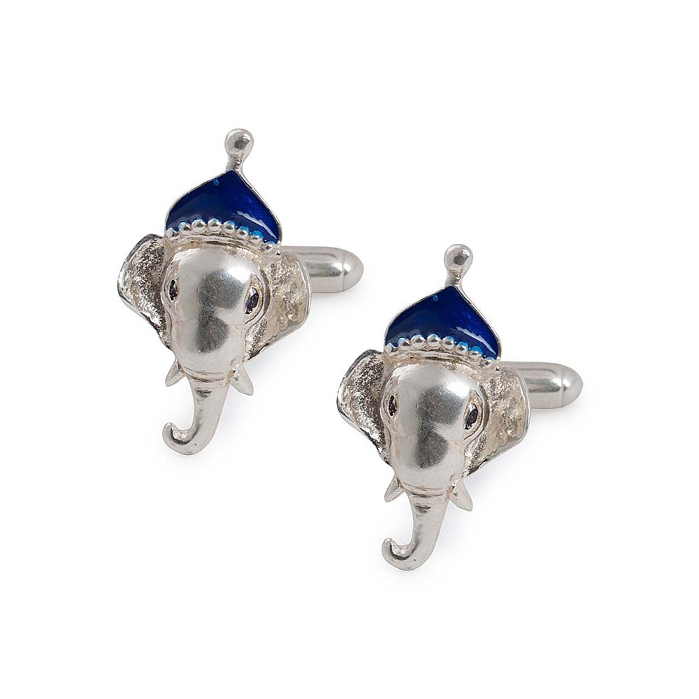 Elephant Silver Cufflinks Navy Blue