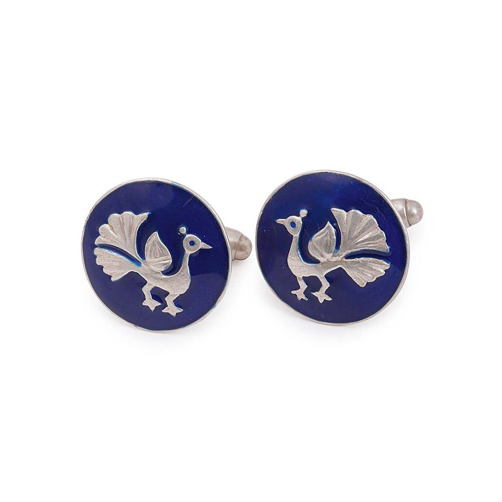 Peacock Silver Cufflinks Navy Blue