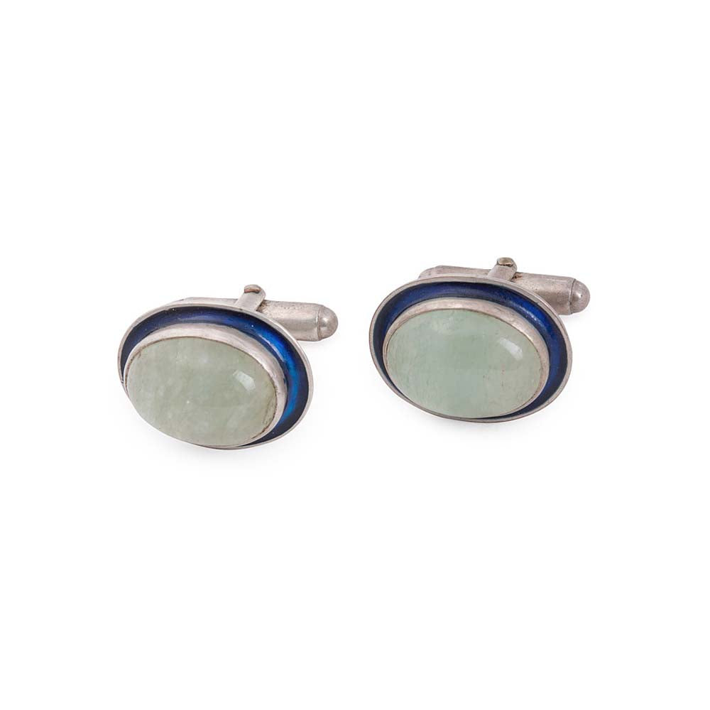 Green Aventurine Silver Cufflinks with Enamel