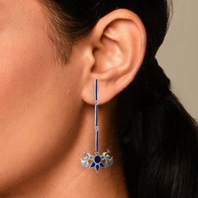 Peacock Long Earrings Mid Night Blue